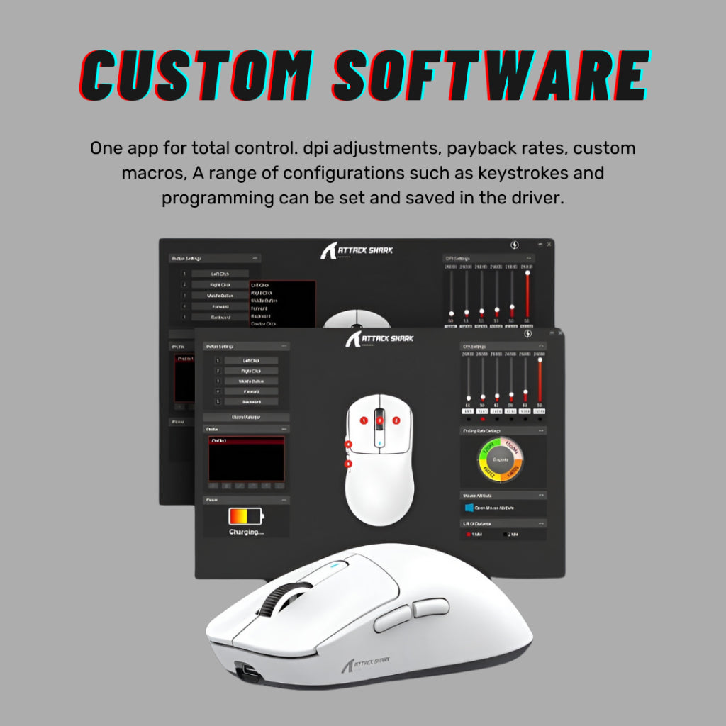 Attack Shark X3 custom software interface showcasing DPI adjustment, button remapping, macro customization, and RGB lighting controls for personalized gaming.