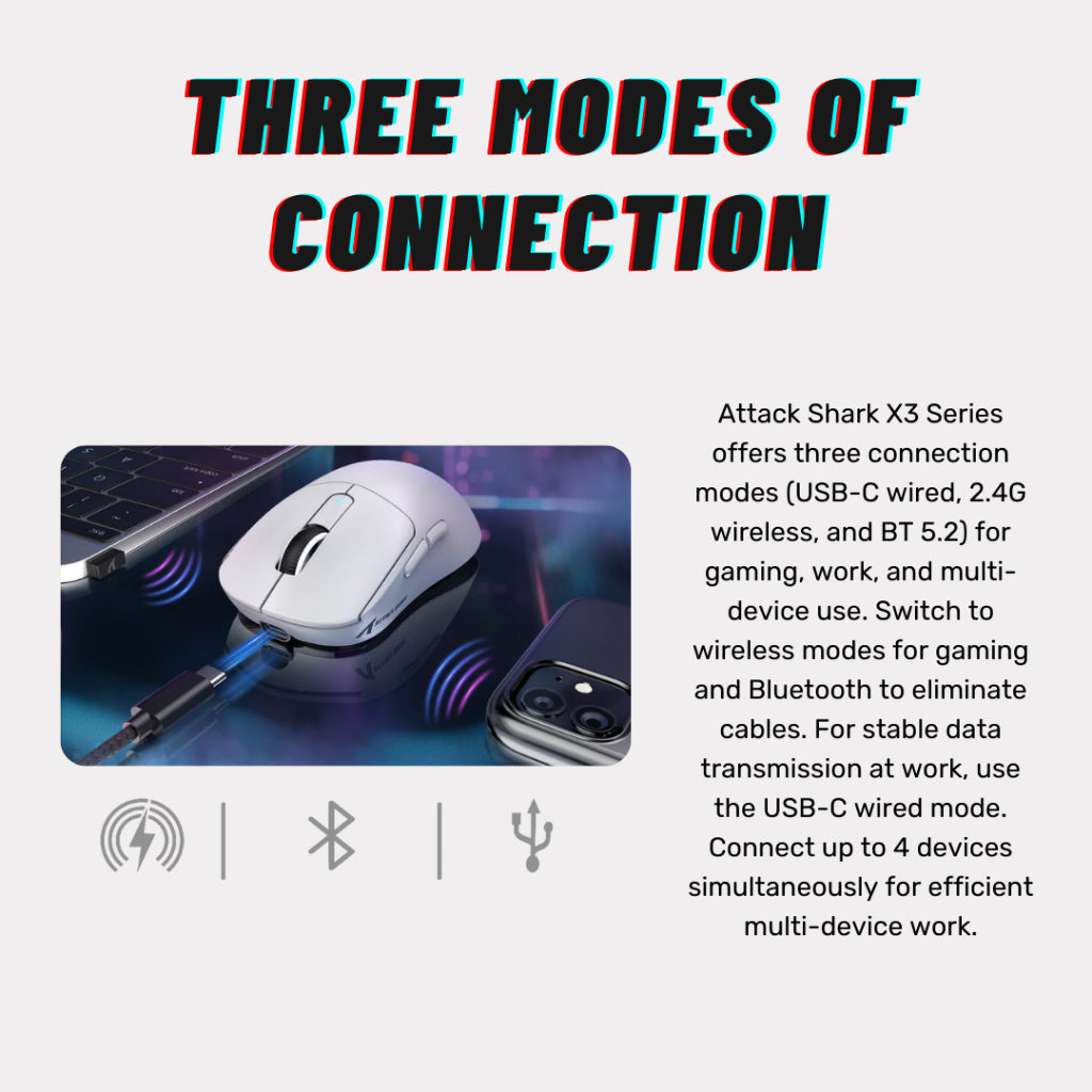 Attack Shark X3 supports tri-mode connectivity – Bluetooth 5.2, 2.4GHz wireless, and wired USB-C for versatile and seamless gaming performance.