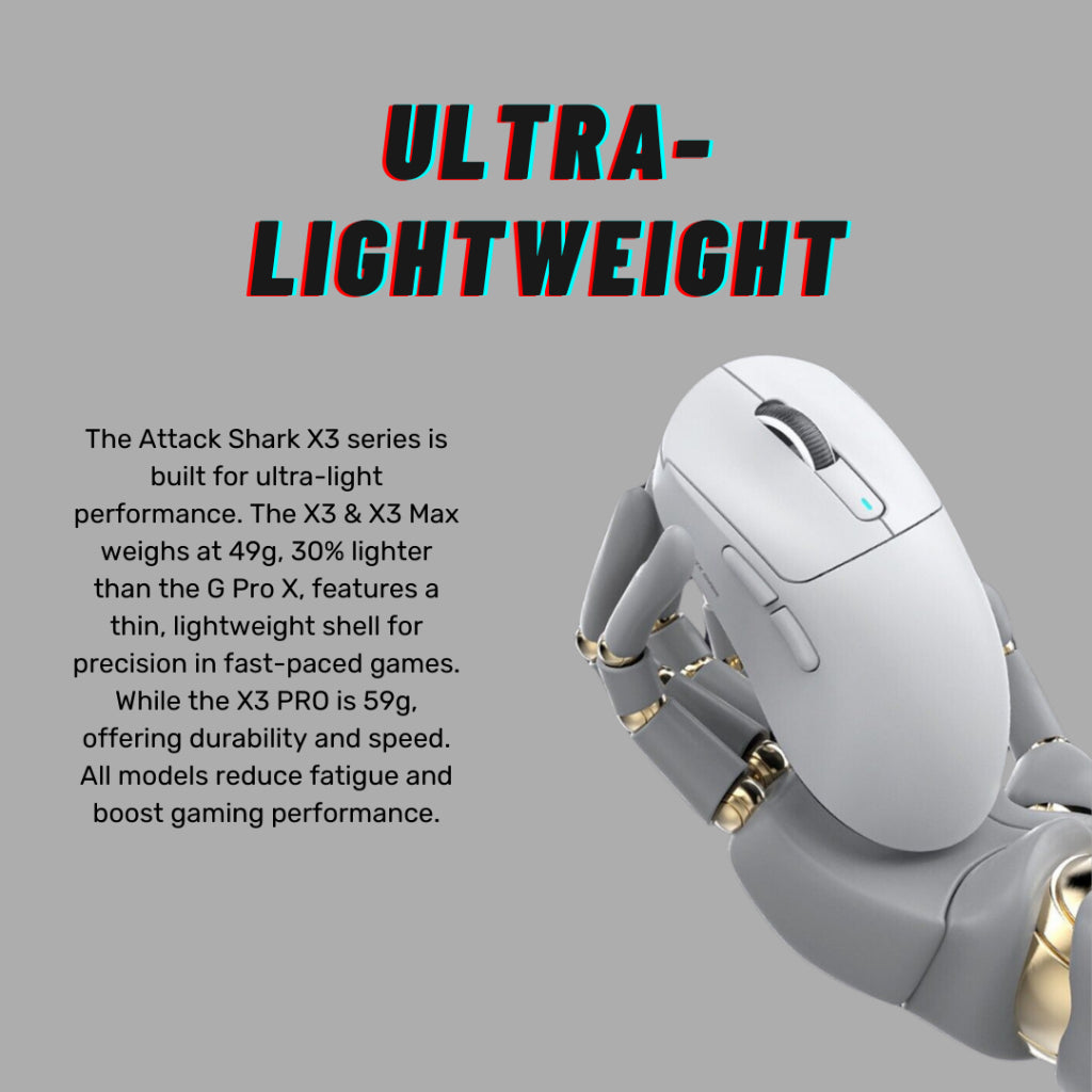 Attack Shark X3 ultra-lightweight gaming mouse weighing just 49g, designed for quick and effortless movement during intense gameplay.