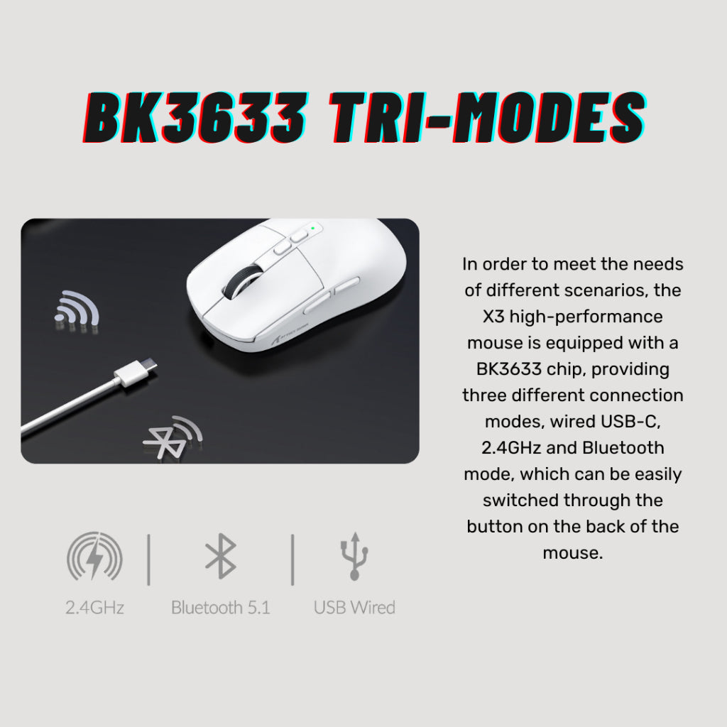 Attack Shark X6 featuring tri-mode connectivity with Bluetooth 5.2, 2.4GHz wireless, and wired Type-C for versatile gaming performance.