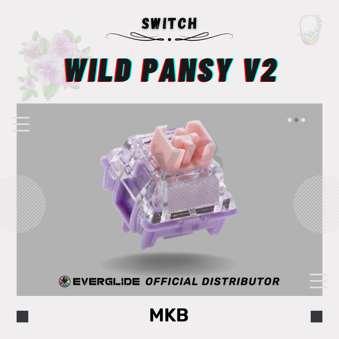 Everglide Wild Pansy V2 tactile mechanical switch featuring a longer POM stem, 22mm gold-plated spring, transparent PC top housing, and detachable LED diffuser.