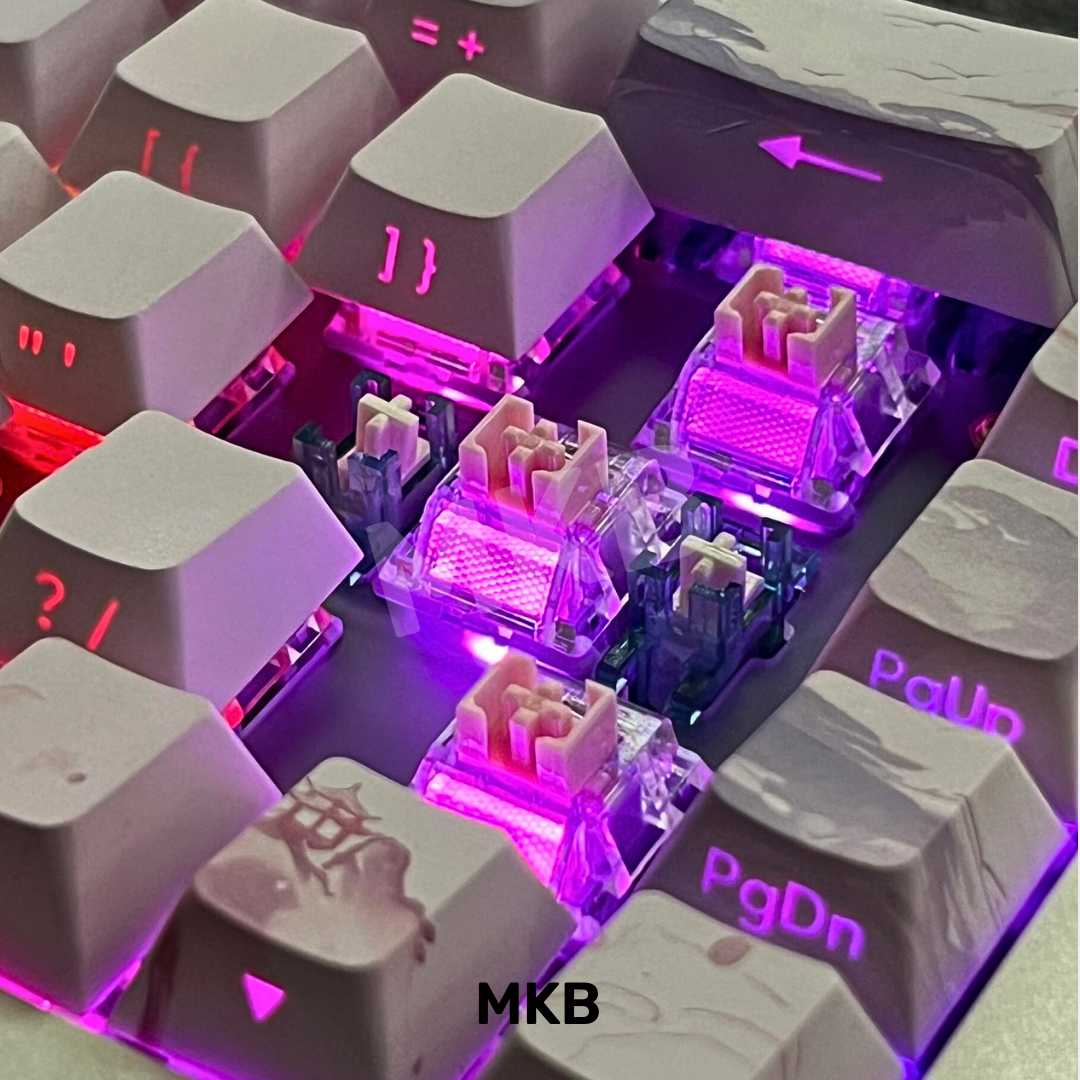 Everglide Wild Pansy V2 switches installed on a keyboard, showcasing vibrant RGB lighting through the transparent PC top housing and detachable LED diffuser.