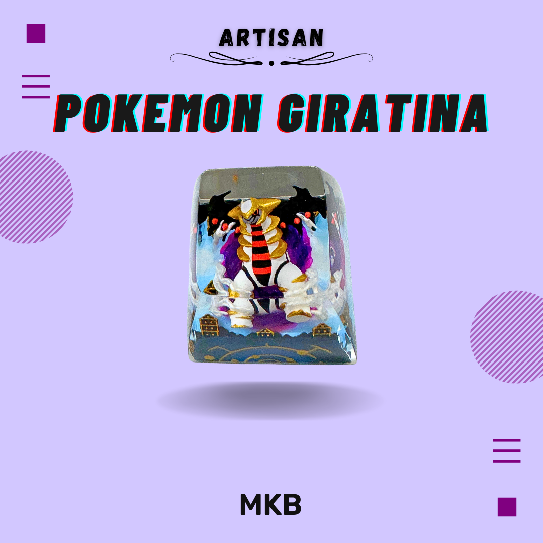 Top-down view of the Giratina artisan keycap, showcasing its bold colors and high-quality resin material.