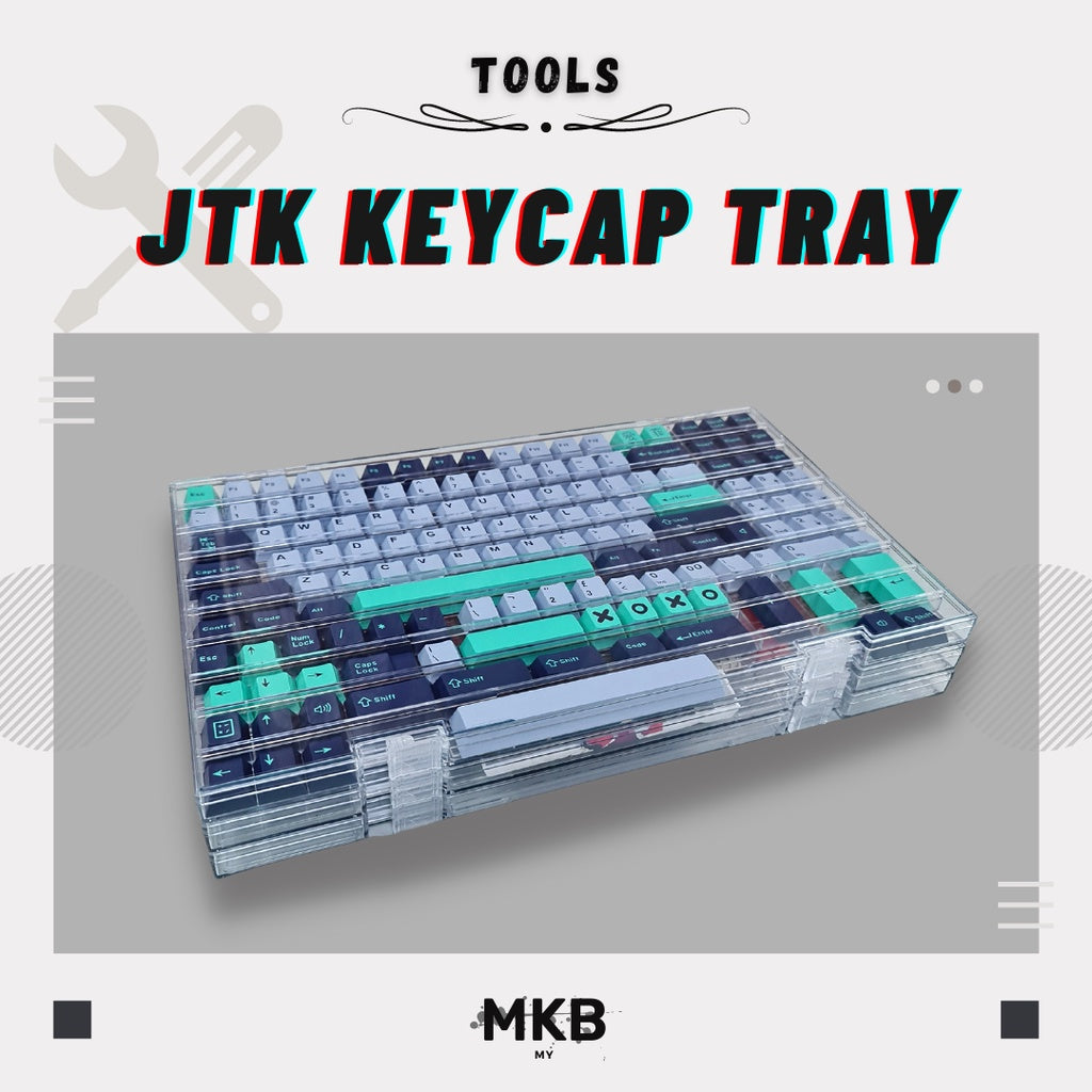 JTK Keycap Tray made of transparent polycarbonate plastic, ideal for organizing and displaying mechanical keyboard keycaps.