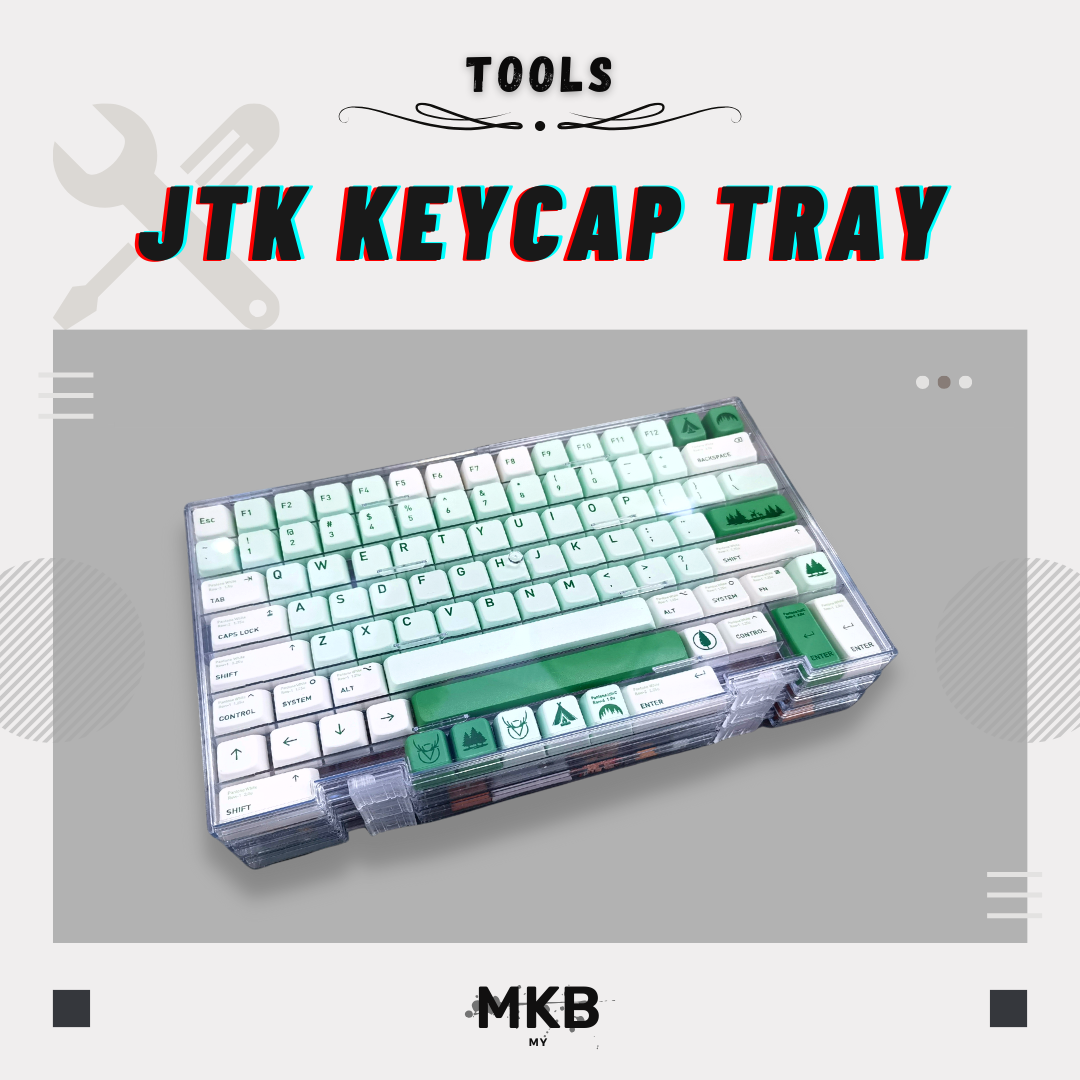 Stackable JTK Keycap Tray for easy and efficient storage of multiple keycap sets without taking up extra space.