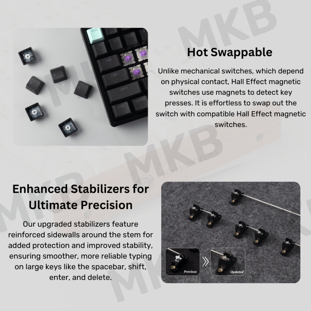 Keychron K2 HE’s hot-swappable PCB, allowing easy switch replacements while being compatible with Gateron double-rail magnetic switches.