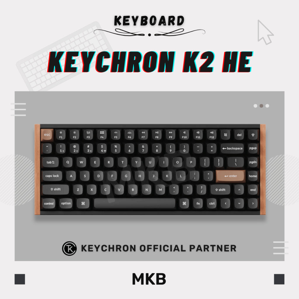 Keychron K2 HE 75% wireless mechanical keyboard with aluminum and wood frame, featuring Gateron Double-Rail Magnetic Nebula switches.