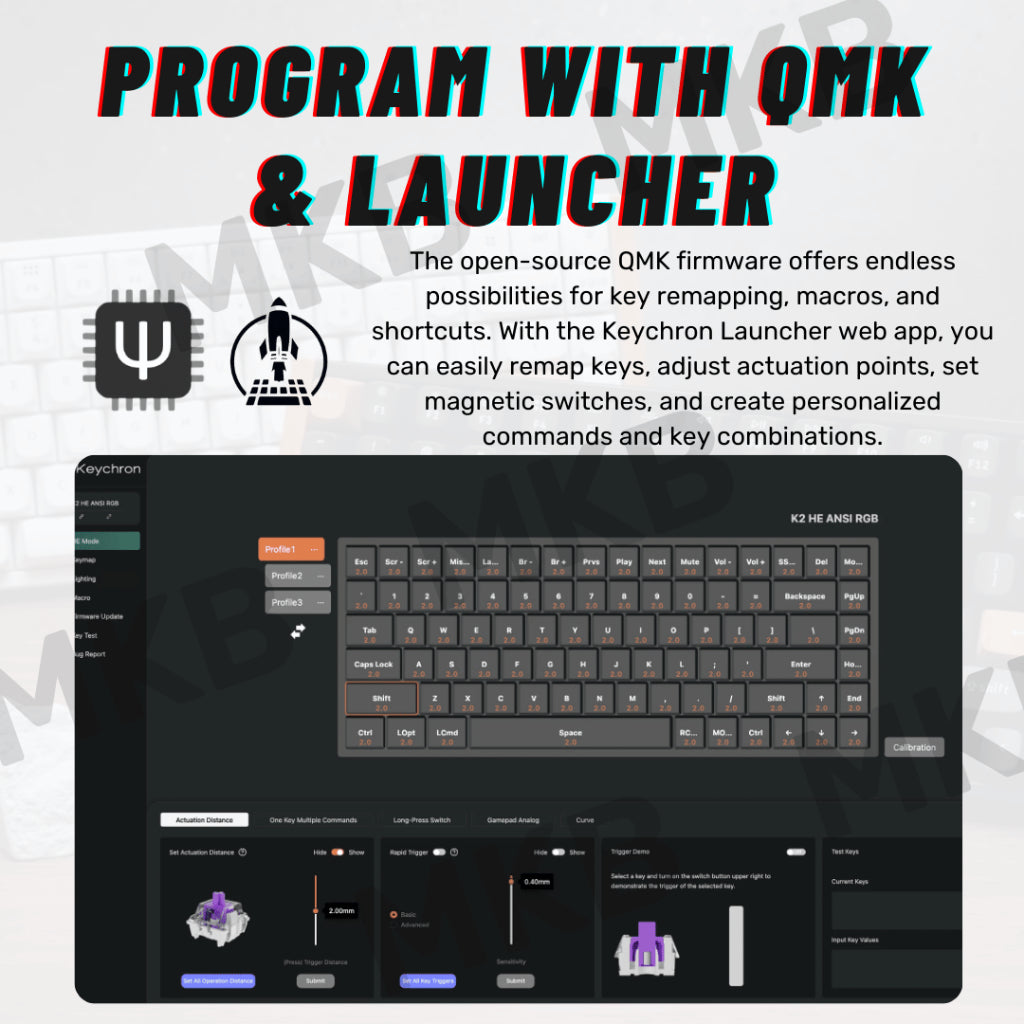 Keychron K2 HE supports NKRO (N-Key Rollover) in both wired and wireless modes, ensuring zero input lag.
