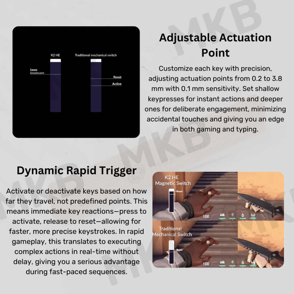 Keychron K2 HE featuring Rapid Trigger technology for ultra-responsive keypress actuation, allowing dynamic actuation points for faster inputs.