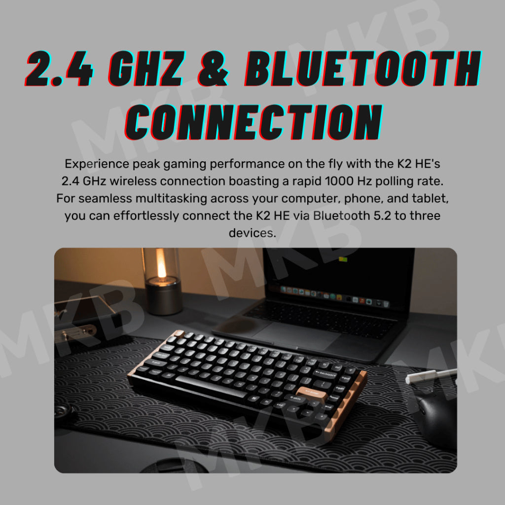 Keychron K2 HE with tri-mode connectivity, supporting 2.4GHz, Bluetooth 5.2, and Type-C wired connections.