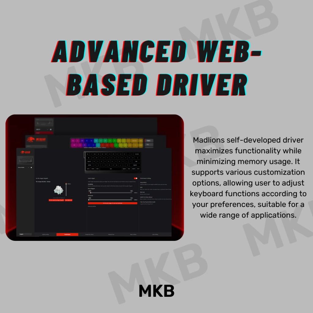 Screenshot of the MADLIONS MAD60/MAD68 HE’s custom software, showcasing macro settings and RGB customization.