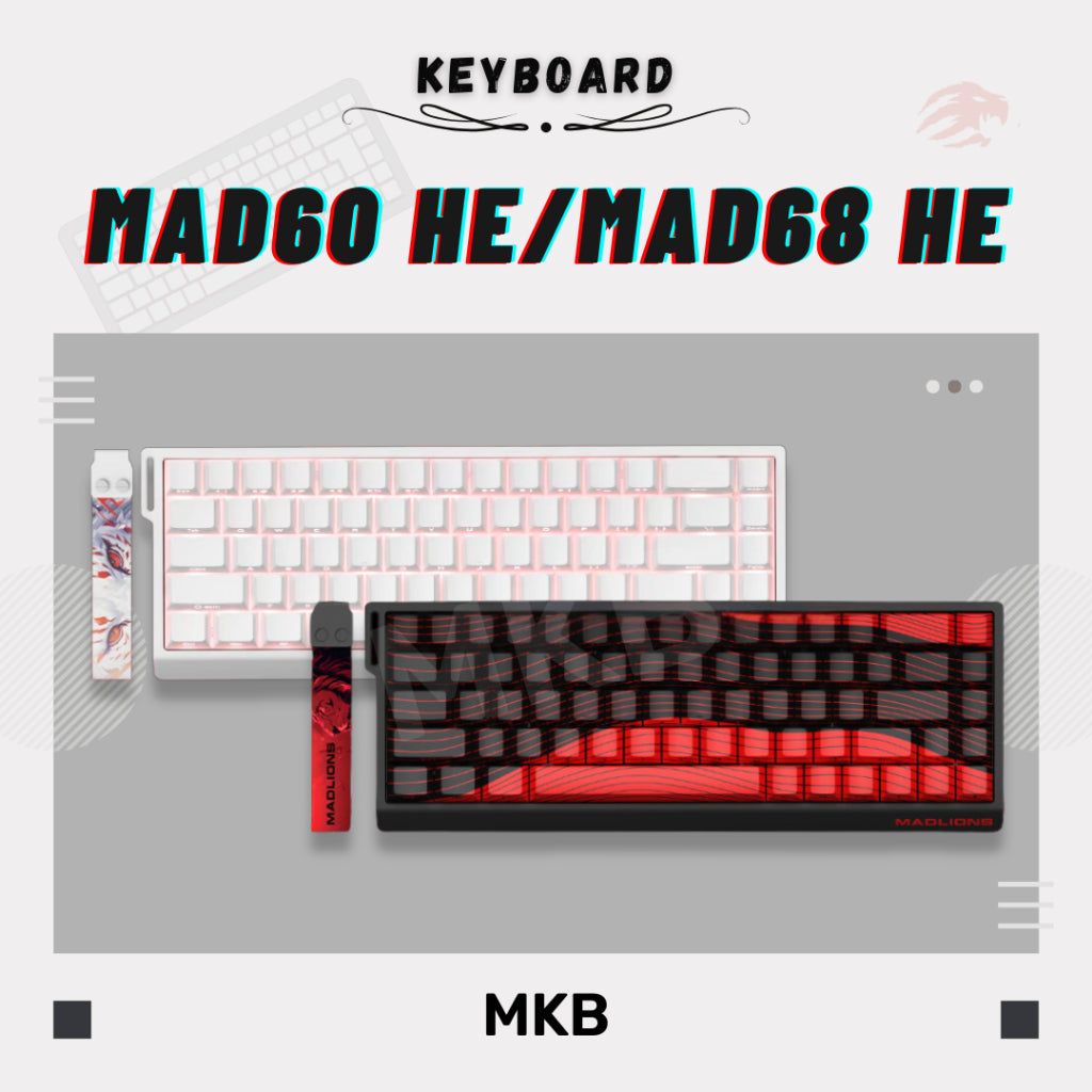 Front view of the MADLIONS MAD60/MAD68 HE keyboard, featuring a sleek design with premium keycaps and a compact layout.