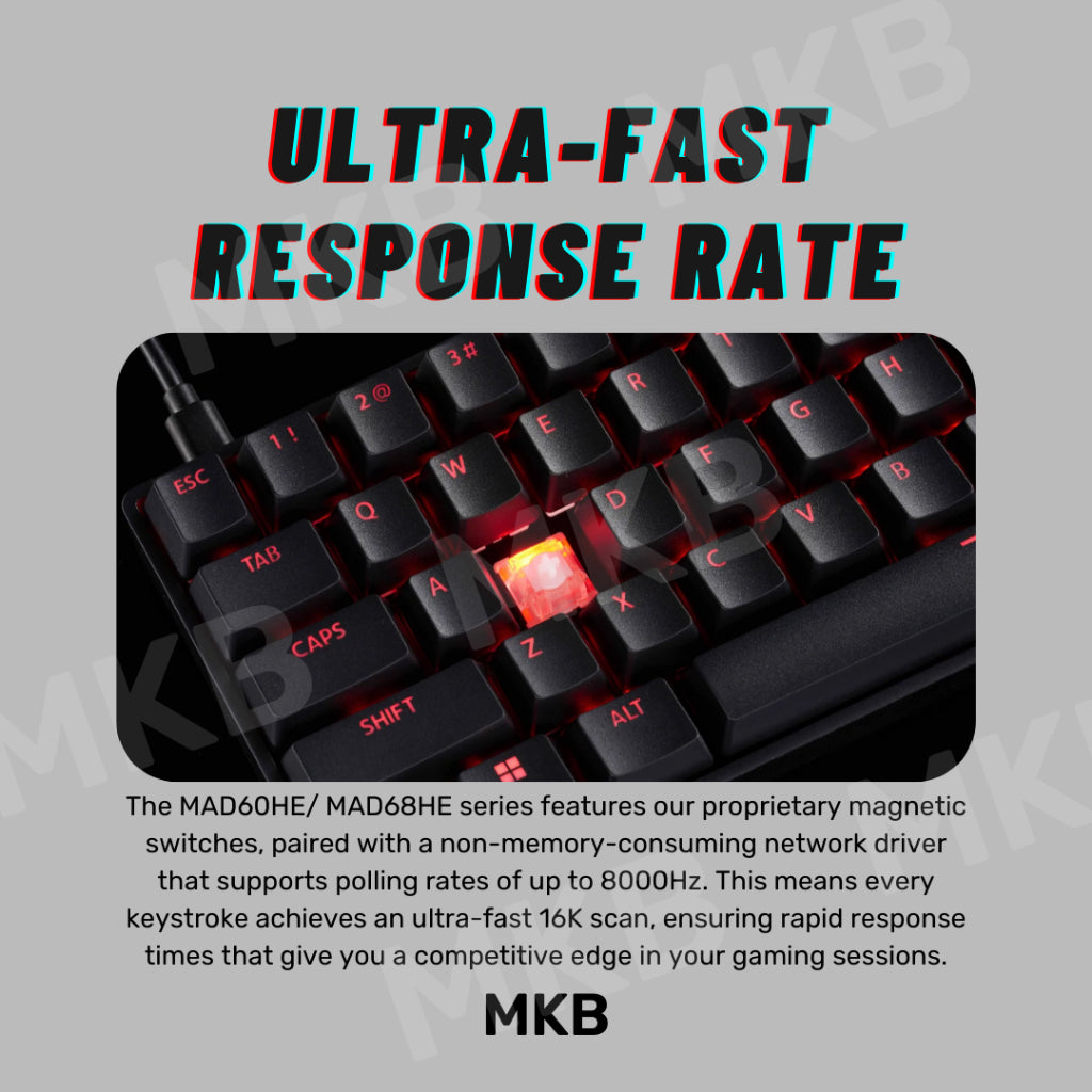 MADLIONS MAD60/MAD68 HE ultra-fast response rate with 0.125ms latency and an 8000Hz polling rate for instant keystroke registration and peak gaming performance.