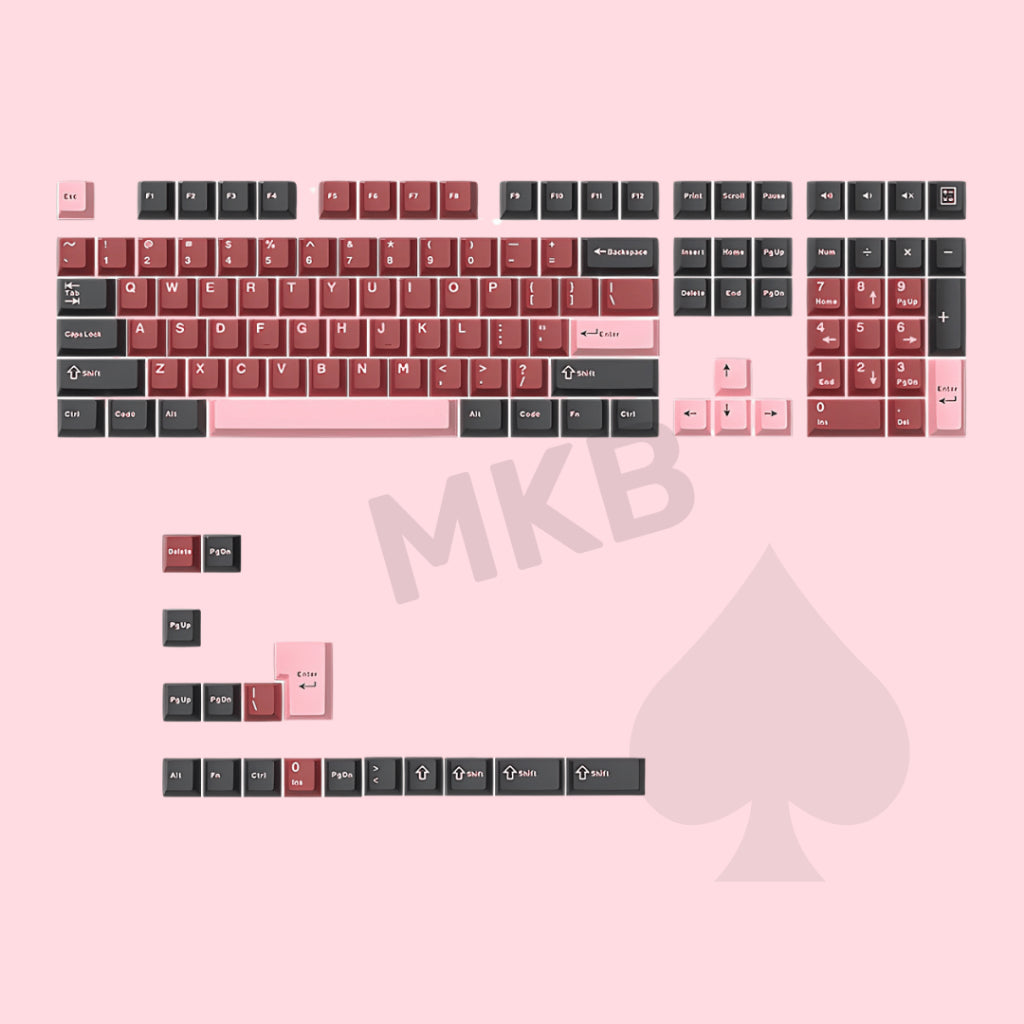 Black Spades keycaps artwork with its extra keys, being placed on a pink background.