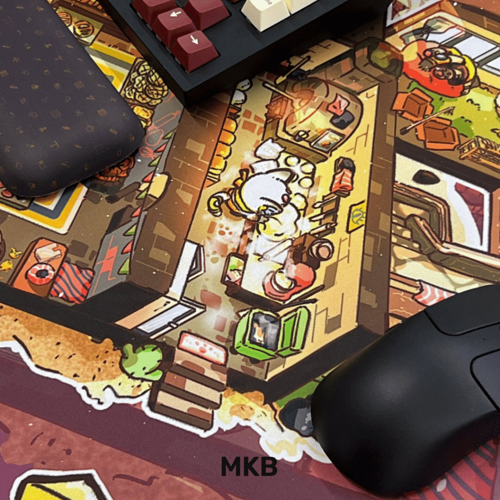 A close-up view of the MKB x FuwaFuwa deskmat, showcasing intricate illustrations of cute animals, food, and cultural buildings in stunning detail.