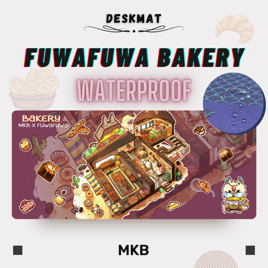 MKB x FuwaFuwa deskmat featuring adorable furry animals, cultural buildings, and food elements in a vibrant, artistic design. Waterproof and 900x400x4mm.