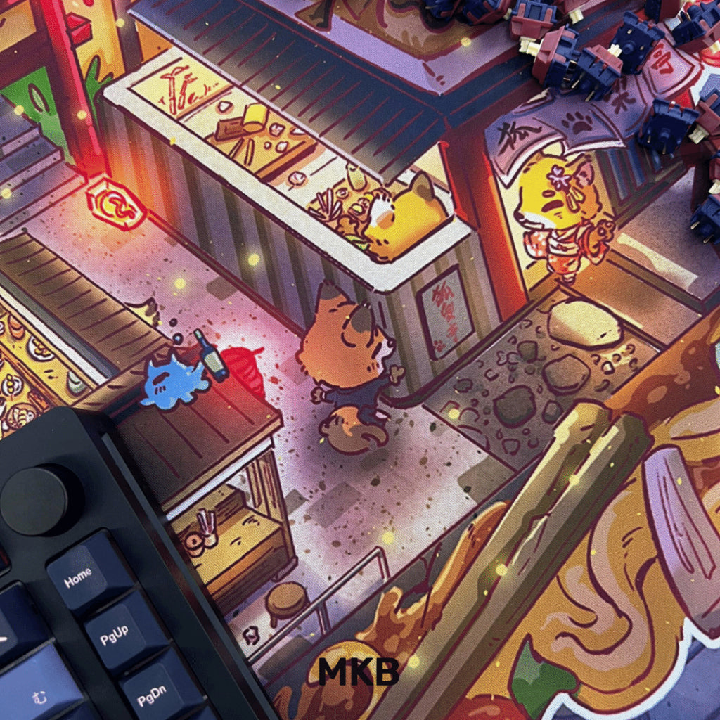 Close-up artwork on the MKB x FuwaFuwa deskmat showcasing a vibrant nightlife street food scene, filled with bustling stalls, neon lights, and delicious treats.