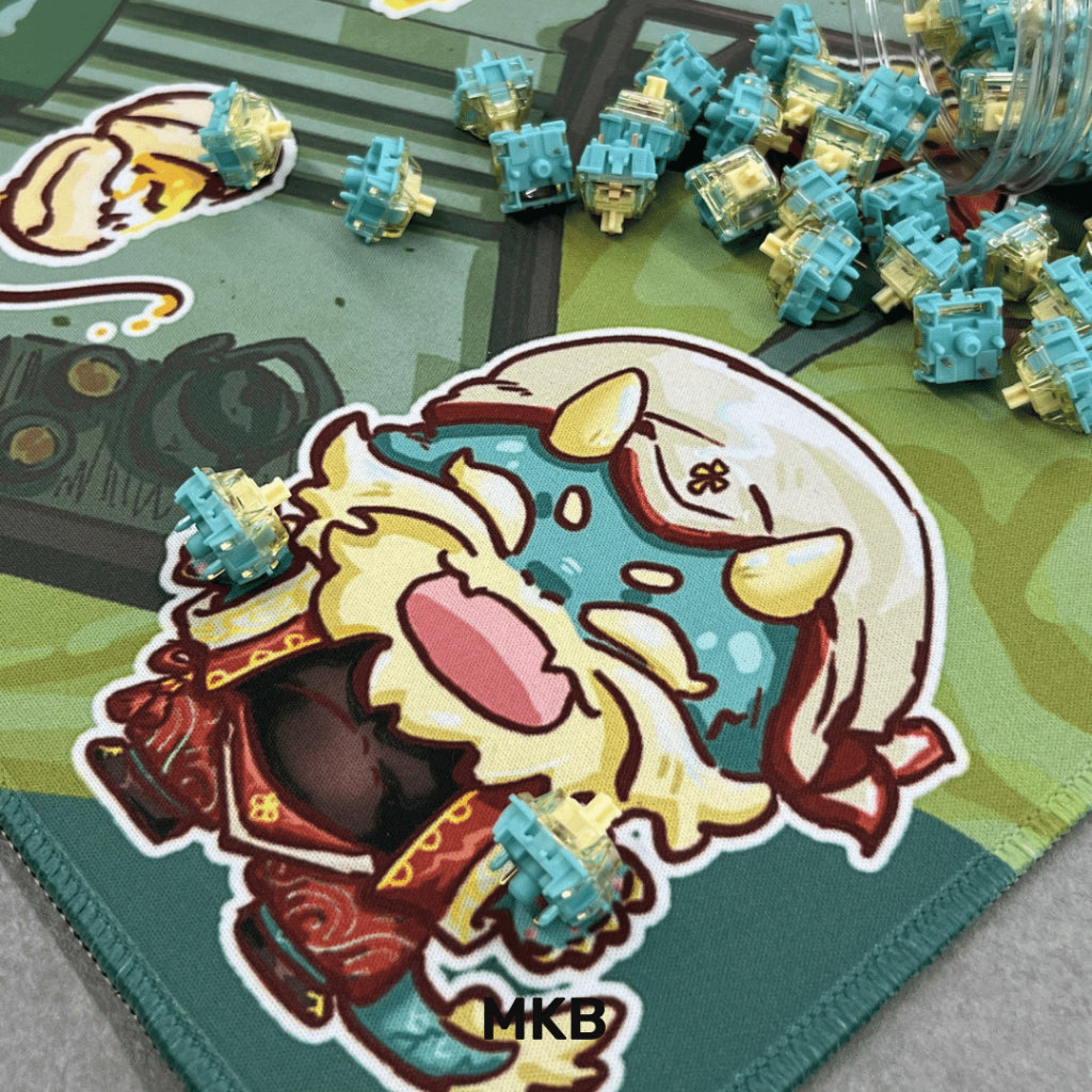 A rolled-up MKB x FuwaFuwa deskmat showing its 4mm thickness and soft fabric texture, providing comfort and durability for long gaming or work sessions.