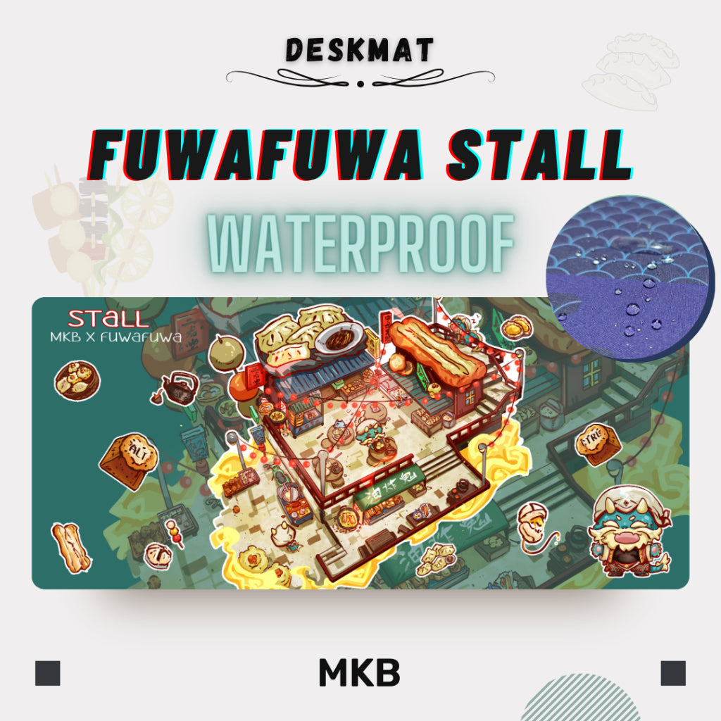 MKB x FuwaFuwa deskmat in the "Stall" variant, featuring an olive green theme with charming breakfast food illustrations like char kway, evoking a cozy morning market scene.