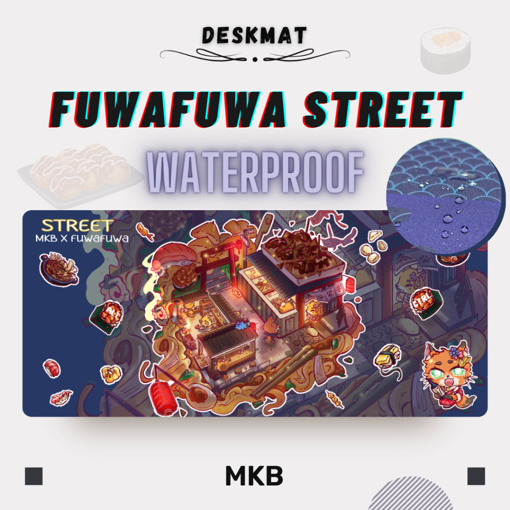 MKB x FuwaFuwa deskmat with water droplets on the surface, demonstrating its first-in-the-market waterproof feature for durability and easy cleaning.