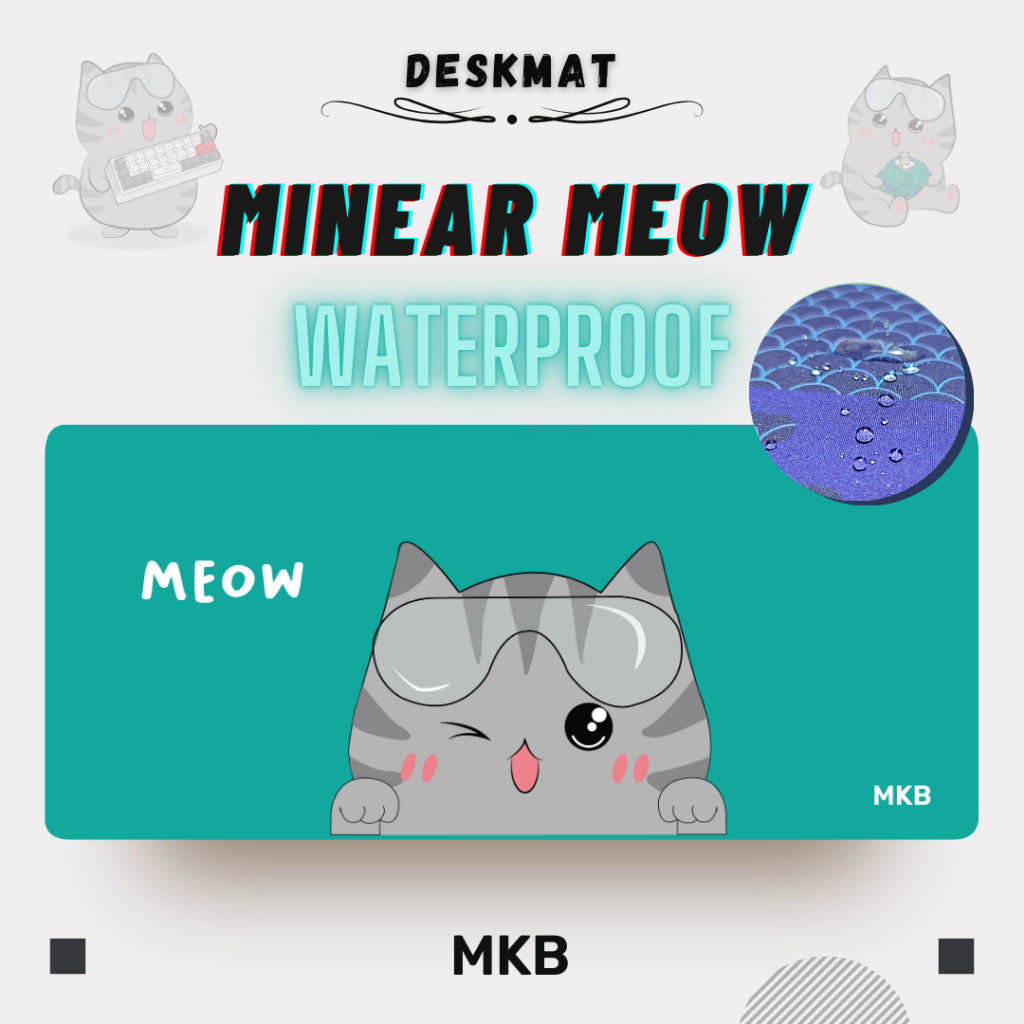 MKB Minear Meow deskmat featuring Minear, the MKB mascot, with a vibrant color scheme.