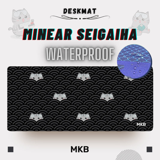 MKB Minear Seigaiha deskmat in Onyx color, featuring playful cats lounging among traditional Seigaiha waves.