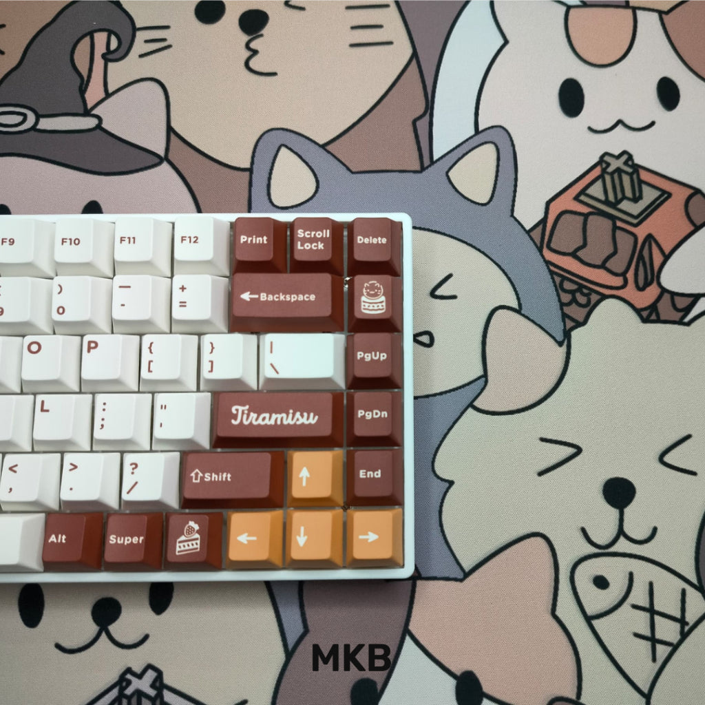 Close-up of MKB Neko Neko deskmat's high-quality cat illustrations printed on a smooth, low-friction fabric surface for gaming and work setups.