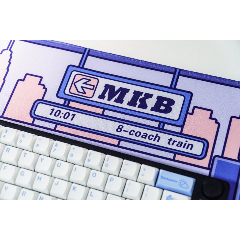 A deskmat with MKB logo printed on it