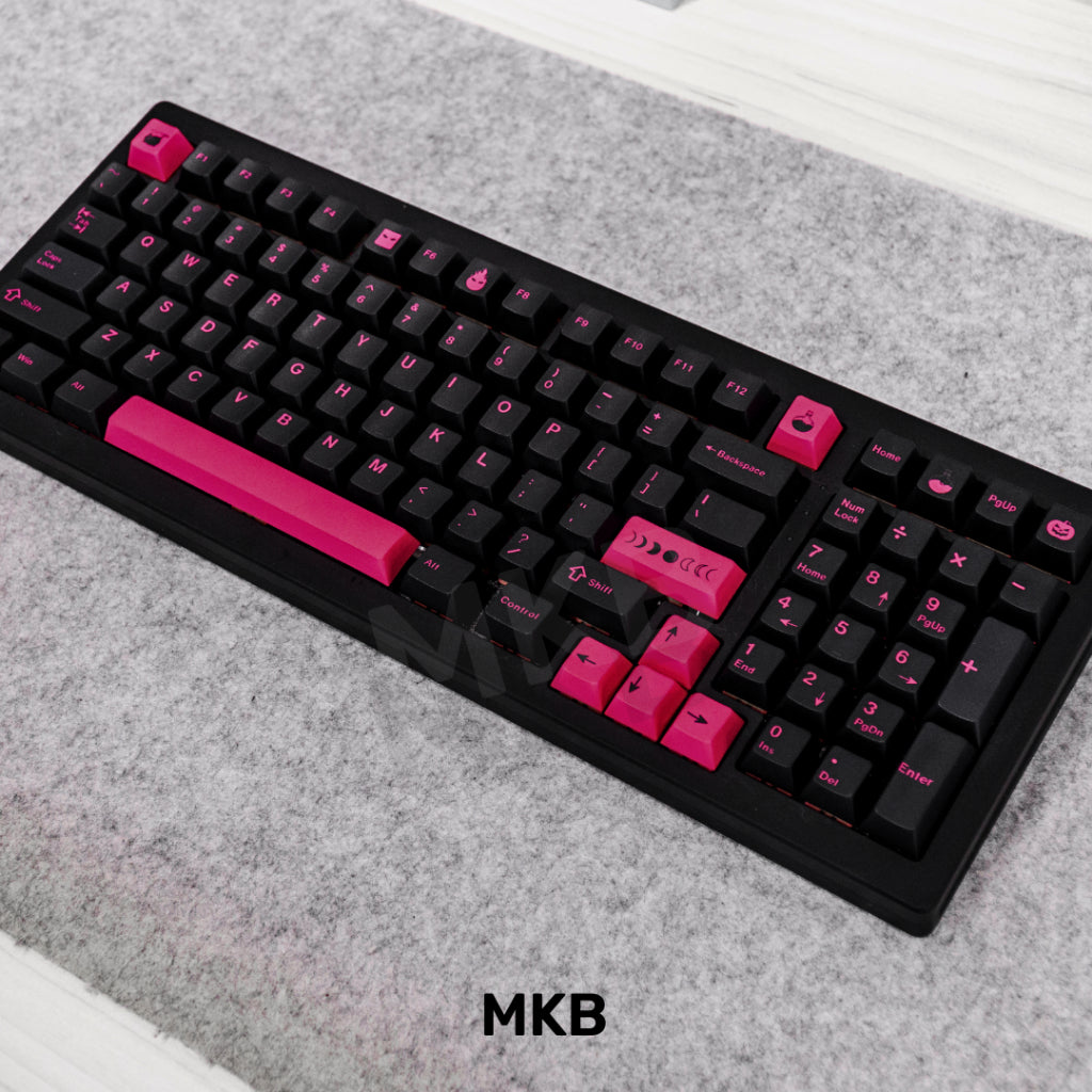 MKB Pink Potion keycaps on a 96% black keyboard, putting on a felt deskmat