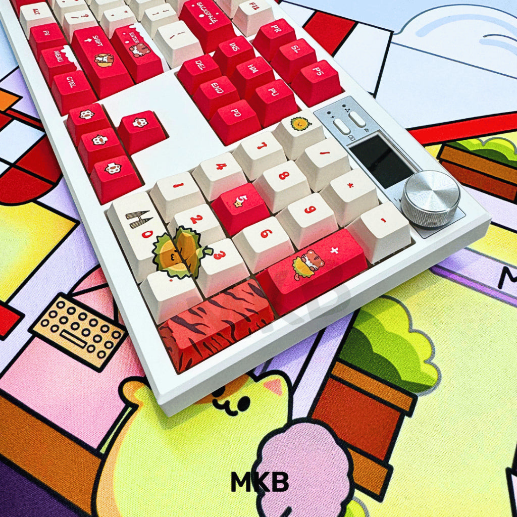 Close-up of MKB Tora Keycaps, highlighting the smooth PBT material, side-printed legends, and intricate Malaysian-themed artwork like the Twin Towers.