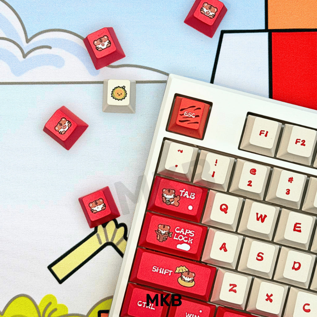 Close-up of MKB Tora Keycaps, highlighting the smooth PBT material, double-shot molding, and side-printed legends for durability.