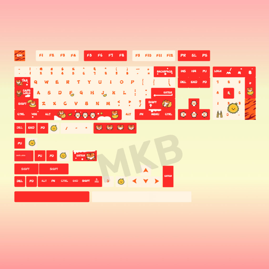 Full 141-key layout of MKB Tora Keycaps, featuring tiger stripes, Malaysia’s Twin Towers, and Durian motifs for a unique cultural blend.