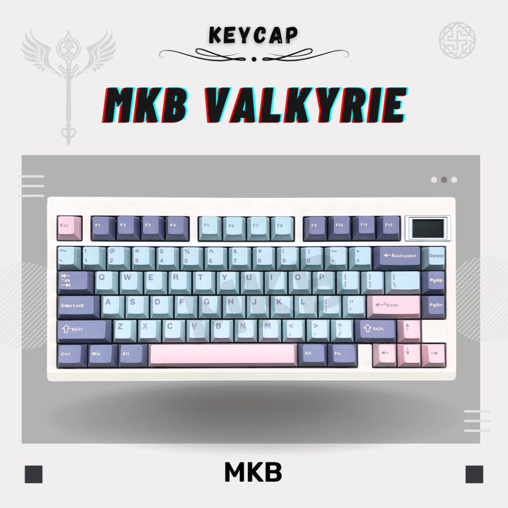 MKB Valkyrie keycaps installed on a mechanical keyboard, highlighting their bold color contrast and clean legends.