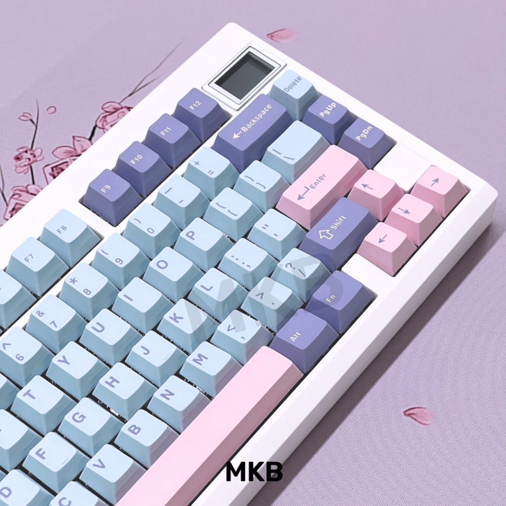 MKB Valkyrie keycaps set displayed on a pink deskmat, highlighting the bold color contrast and Cherry profile design.