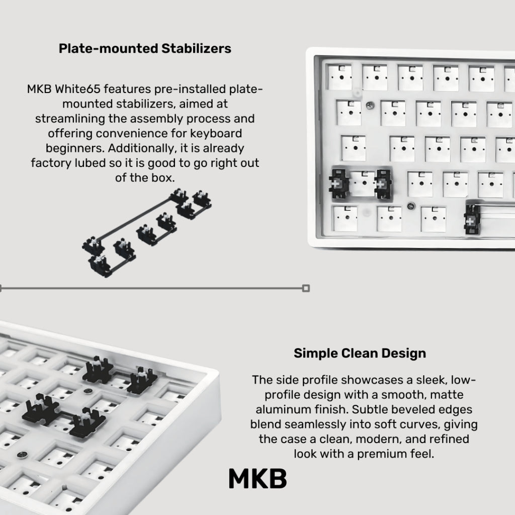 The design of white65 keyboard with prelubed plate mounted stabilizers