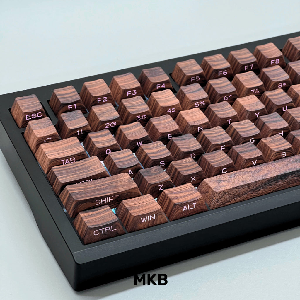 Woody keycaps set on a black keyboard with RGB backlighting, showcasing the shine-through legends under illuminated conditions.