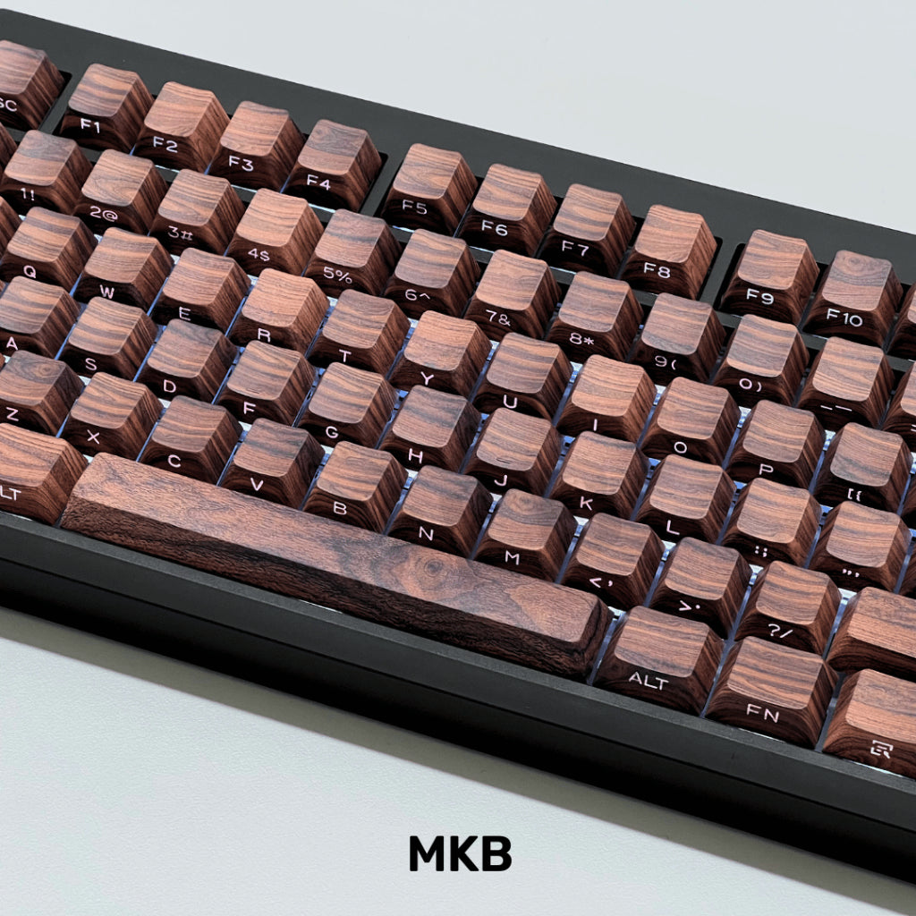 Close-up shot of Woody keycaps on a black keyboard, emphasizing the detailed side-legends and premium PBT material.