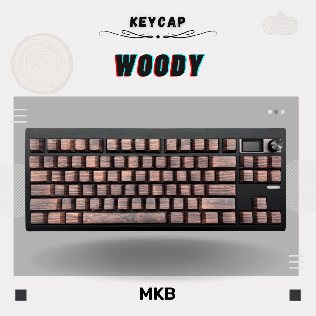 Woody keycaps set installed on an 87-key black keyboard with a screen, showcasing the Cherry profile and side-legend shine-through PBT keycaps.