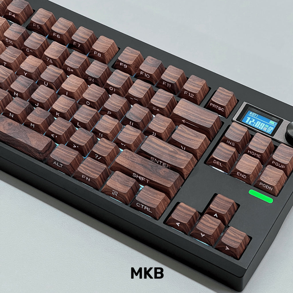Woody keycaps on an 87-key black keyboard with a screen, featuring a modern and sleek design with high-quality shine-through legends.