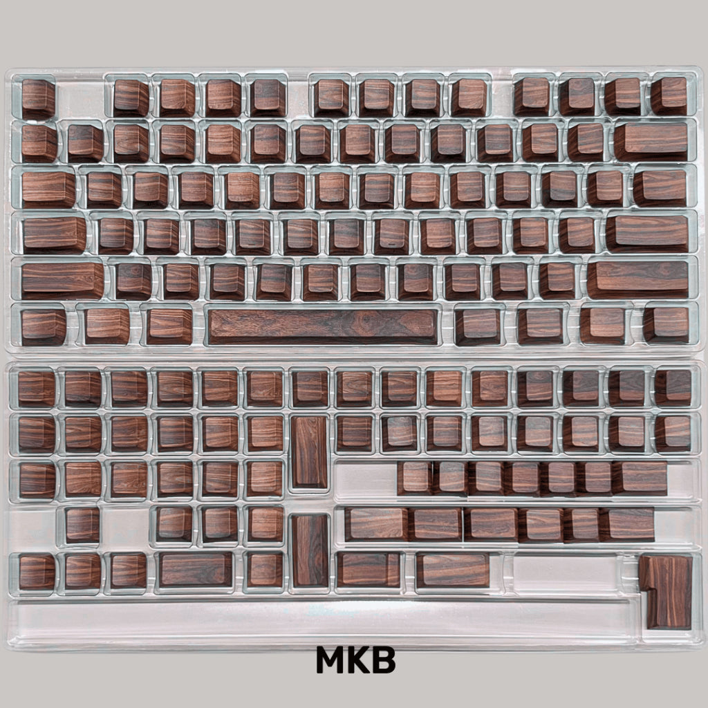 Complete Woody keycap set with all 136 keys displayed, featuring Cherry profile, double-shot PBT construction, and side-legends.