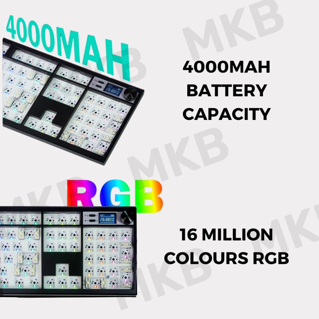 Zuoya GMK104 keyboard featuring a 4000mAh battery for long-lasting wireless use and vibrant RGB backlighting.