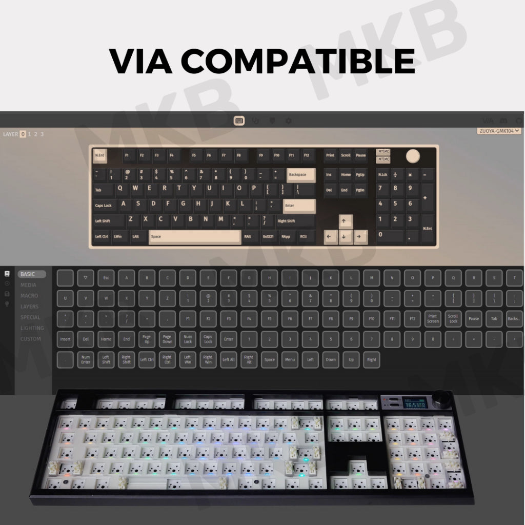 Zuoya GMK104 keyboard with VIA compatibility for custom key mapping and advanced macros.