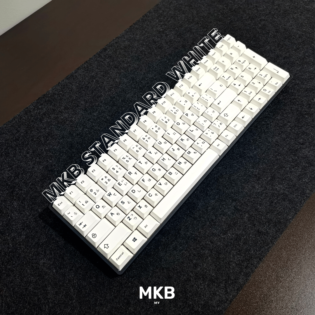 Full Build Custom Keyboard with MKB Standard White Keycap Set. Black on White Keycaps with Japanese Hiragana Characters