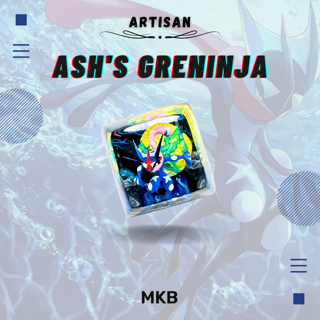 Front view of the Ash Greninja artisan keycap, showcasing intricate handmade resin details and dynamic pose.