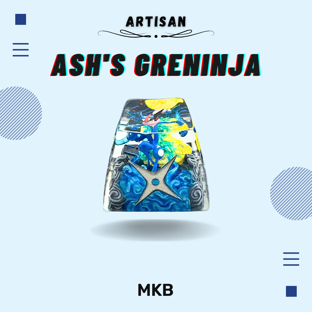 Side view of the Ash Greninja artisan keycap, highlighting the sculpted design and smooth resin finish.
