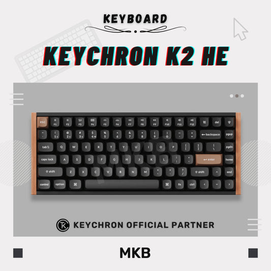 Keychron K2 HE 75% wireless mechanical keyboard with aluminum and wood frame, featuring Gateron Double-Rail Magnetic Nebula switches.