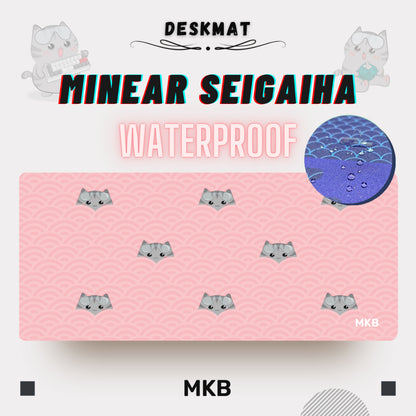MKB Minear Seigaiha deskmat in Sakura color, blending vibrant pink hues with a charming cat-and-wave motif.